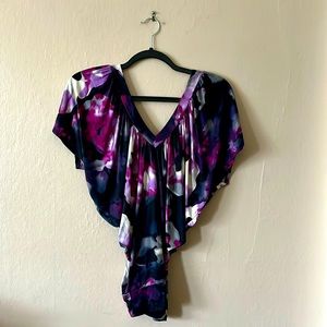 Wet Seal Dolman Butterfly Sleeves Putple Floral Print Top Black Lace Back S